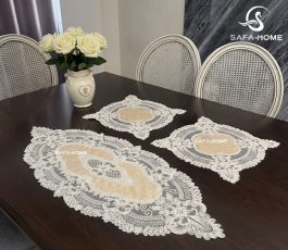 رومیزی 3 تکه مخمل قیطان طرح نارمیا نسکافه ای